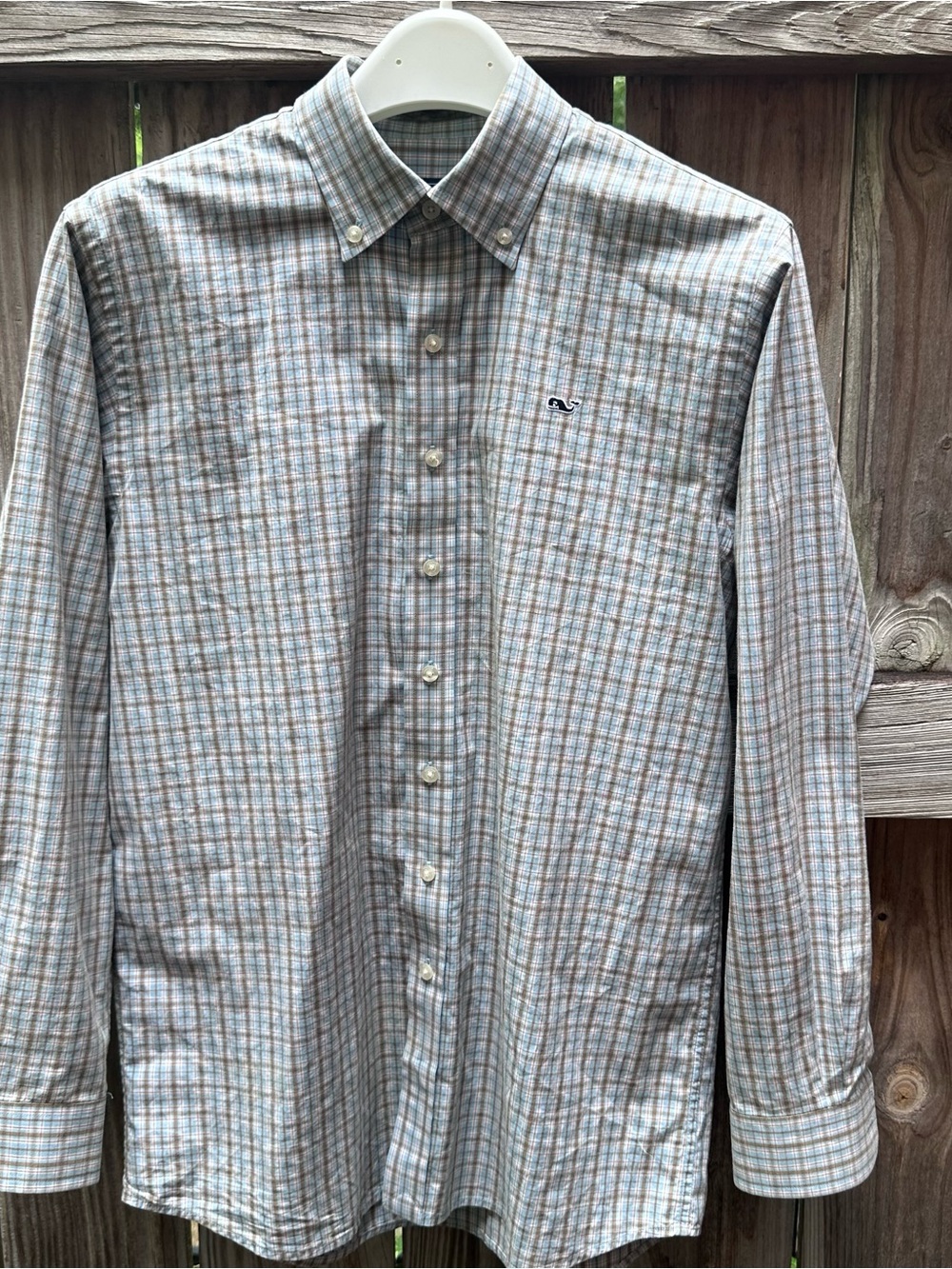 Vineyard Vines Light Blue and Tan Plaid Button-Down Shirt